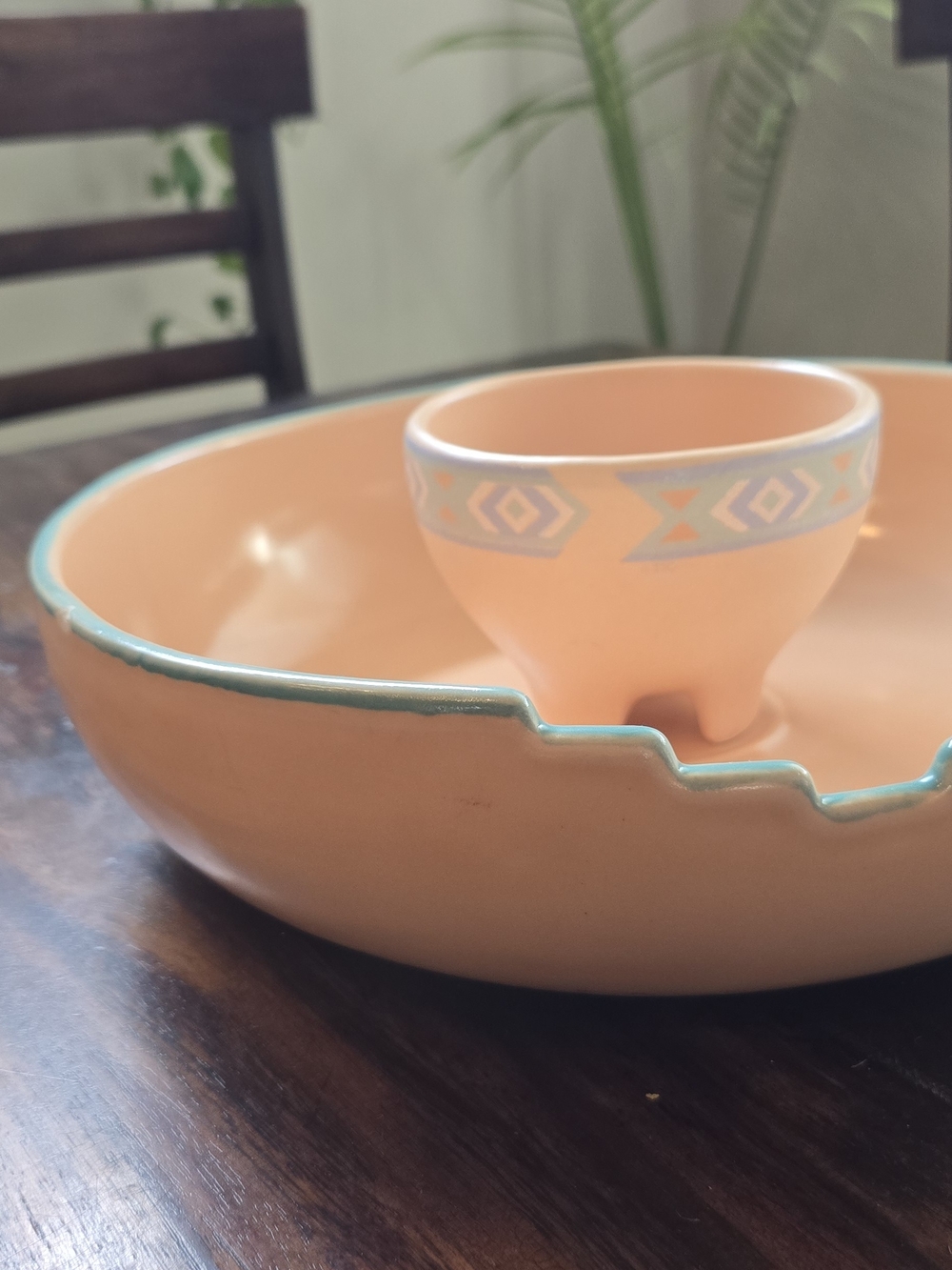 Vintage Peach Ceramic Chip & Dip Server with Turquoise Accent